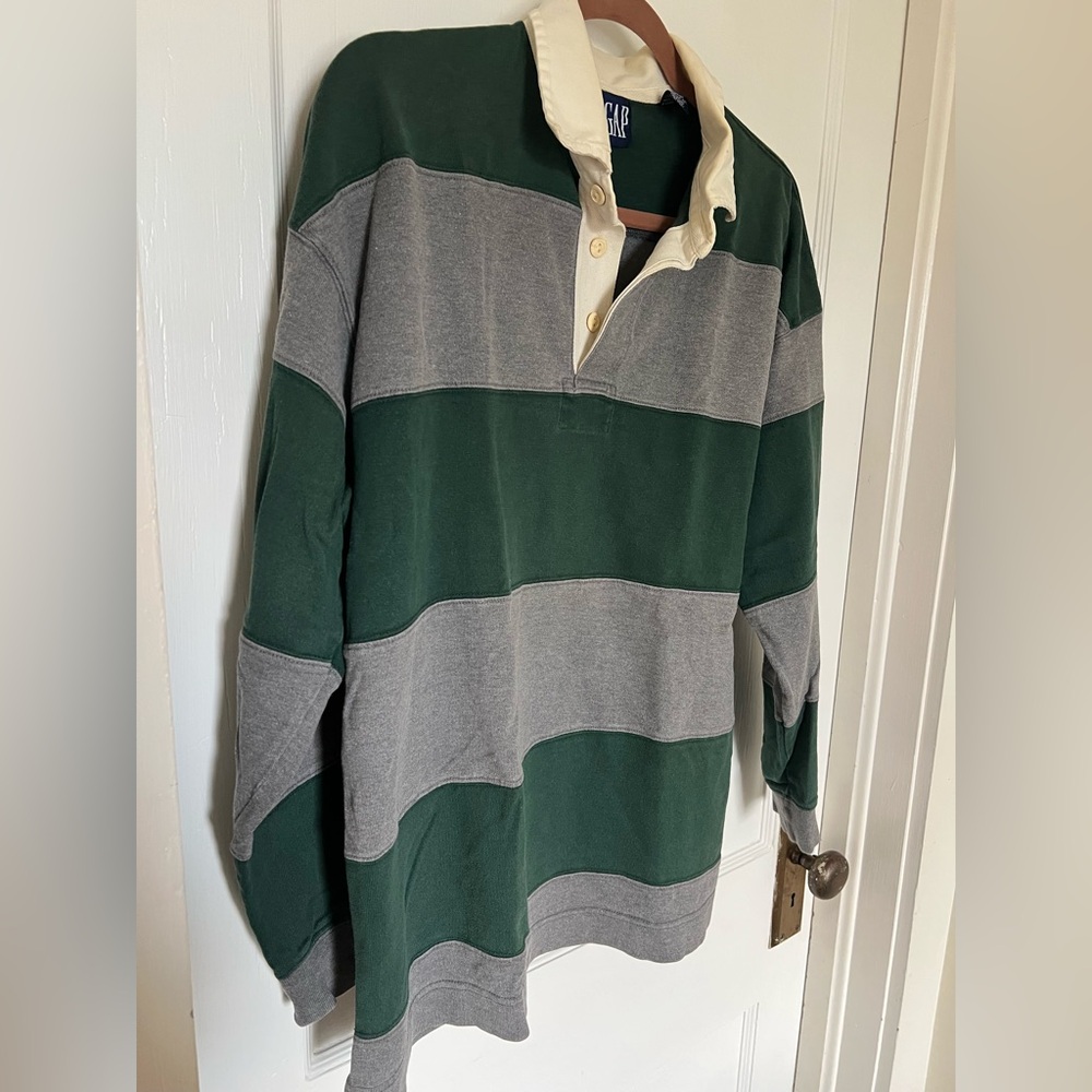 Vintage GAP Men’s Green Gray Striped Rugby Shirt Cream Collar Medium 100% Cotton - Picture 2 of 12